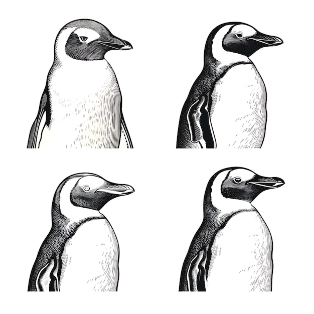 Ritratto di pinguino disegnato a mano Contorno colore nero su sfondo bianco Co illustrazione minimalista