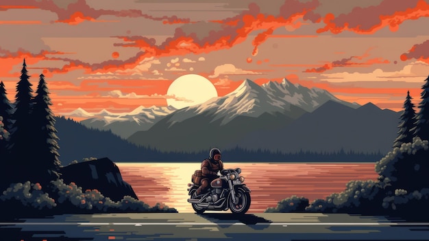 Ritratto di Pixel Art del motociclista nell'impostazione del tramonto