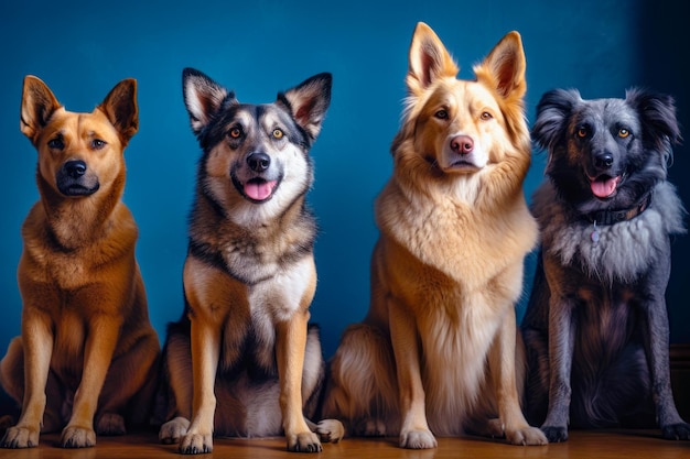 Ritratto di quattro cani isolati su sfondo blu animali amicizia IA generativa