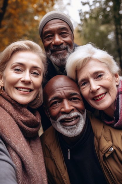 Ritratto di quattro membri della comunità che si fanno un selfie insieme all'esterno creato con l'IA generativa