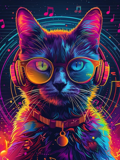 Ritratto di Ragamuffin Cat con un vestito olografico e Cyberpunk Headph Cyber Poster Banner Flyer