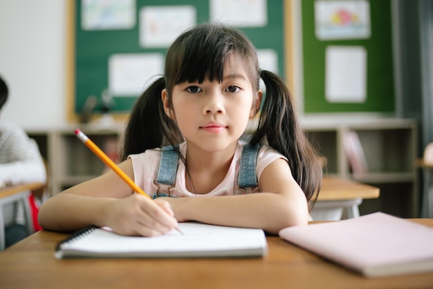 Ritratto di ragazza asiatica che scrive o disegna in taccuino alla scrivania in classe e che guarda l'obbiettivo