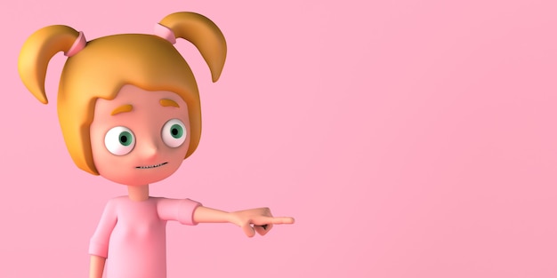 Ritratto di ragazza che punta il dito Spazio di copia Illustrazione 3D Cartoon