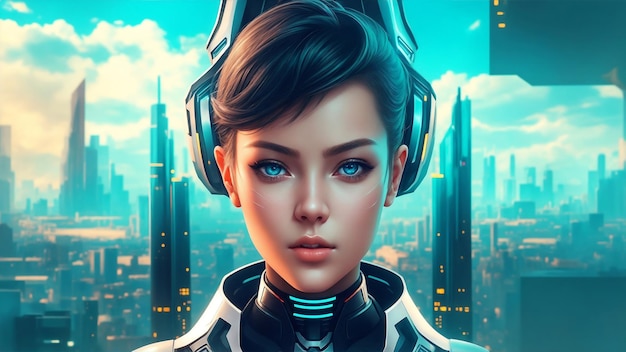 Ritratto di ragazza cyborg anime su immagini di illustrazione di sfondo di cyber città con ai generato