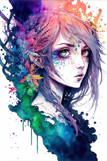 Ritratto di ragazza in stile anime dipinto ad acquerello con capelli di fiori vivaci