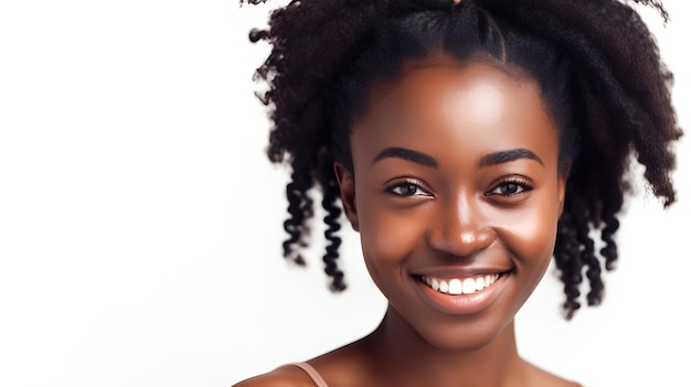 Ritratto di ragazza nera afroamericana con spazio di copia Sorridente giovane donna con i capelli ricci