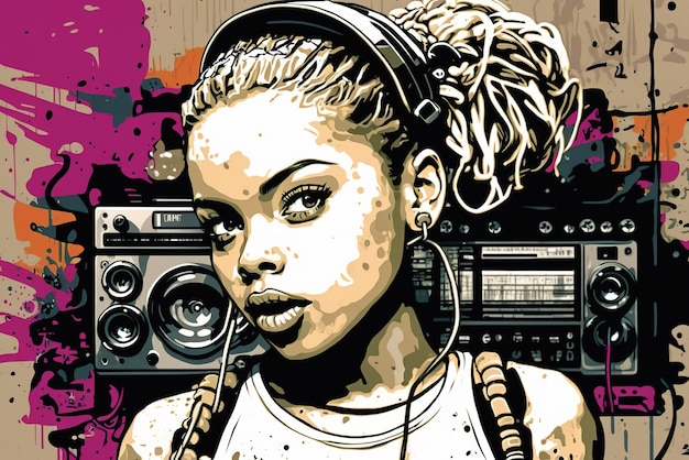 Ritratto di ragazza nera immaginaria per tema hip hop giovane ballerino o dj illustrazione AI generativa