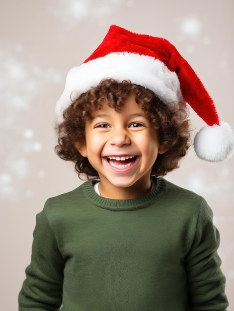 Ritratto di ragazzino che indossa cappello da Babbo Natale e camicia verde felice sorridente su sfondo bianco sfocato