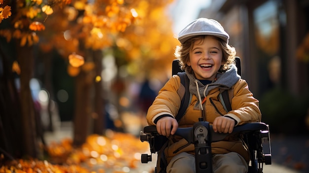 Ritratto di ragazzino in bicicletta nella città autunnale sullo sfondogenerativo ai