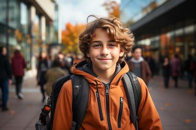 Ritratto di ragazzo adolescente felice sulla strada per la scuola Concetto di ritorno a scuola IA generativa