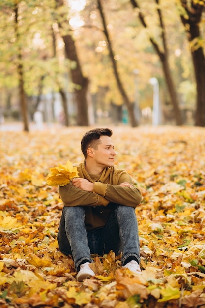 Ritratto di ragazzo bello e felice con un mazzo di foglie gialle sorridente