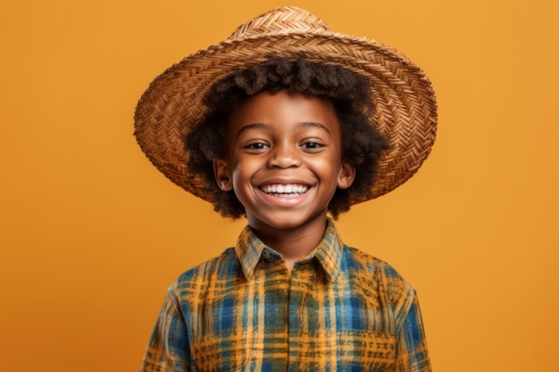 Ritratto di ragazzo brasiliano sorridente in cappello di paglia su sfondo giallo Ai generato
