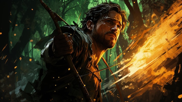 Ritratto di Robin Hood che spara una freccia nella foresta incantata IA generativa