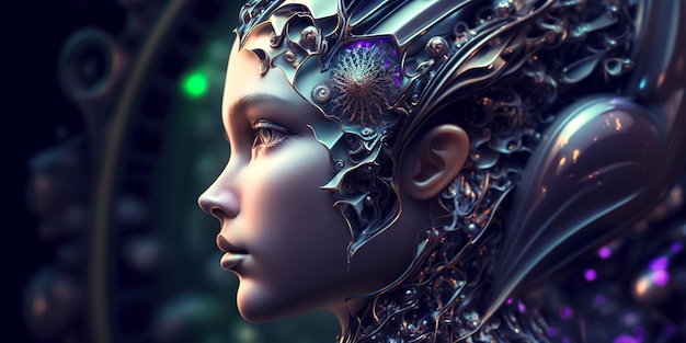 Ritratto di robot umanoide femminile Faccia androide metallica Vita sintetica IA generativa