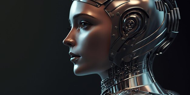 Ritratto di robot umanoide femminile Faccia androide metallica Vita sintetica IA generativa