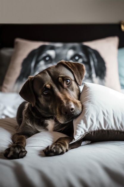 Ritratto di simpatico cane marrone sul letto creato utilizzando la tecnologia generativa ai