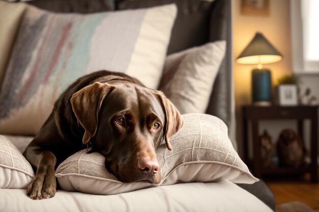 Ritratto di simpatico cane marrone sul letto creato utilizzando la tecnologia generativa ai