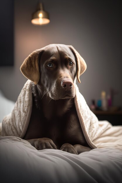 Ritratto di simpatico cane marrone sul letto creato utilizzando la tecnologia generativa ai