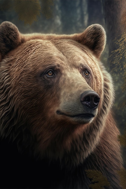 Ritratto di simpatico orso bruno selvatico da solo in una foresta nel suo habitat naturale