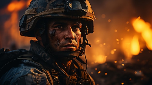 ritratto di soldato soldato in mimetica e casco con fumo sullo sfondo ai generativo