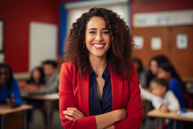 Ritratto di sorridente insegnante afroamericana in piedi in classe