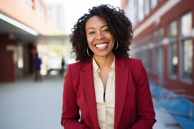 Ritratto di sorridente insegnante afroamericana in piedi in classe