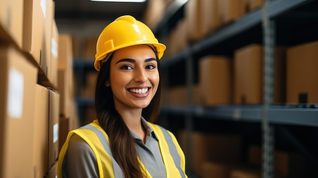 Ritratto di sorridere nei dettagli dell'ordine della donna dei caschi e controllare l'esportazione logistica delle merci Ai generativa