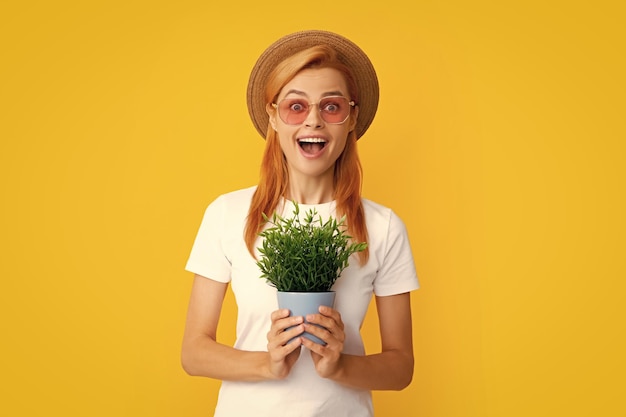 Ritratto di splendida ragazza tiene pentole con germogli esotici Bella signora in abito da giardinaggio sorridente