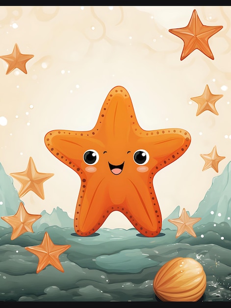 Ritratto di stella marina che tiene i guanti che salutano nella Tidepool Orange Vintage Poster 2D Flat Design Art