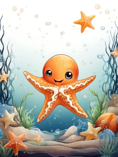 Ritratto di stella marina che tiene i guanti che salutano nella Tidepool Orange Vintage Poster 2D Flat Design Art