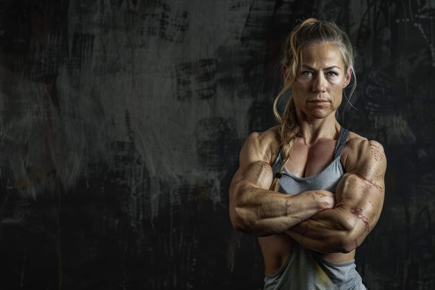 ritratto di studio fotorealistico di una donna muscolosa bodybuilder su sfondo nero