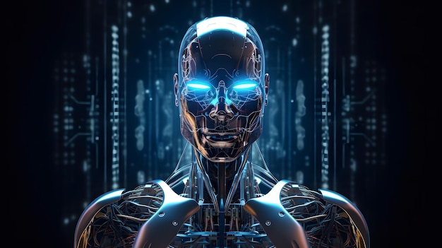 Ritratto di testa di robot umanoide antropomorfo su sfondo scuro in toni blu arte generata dalla rete neurale
