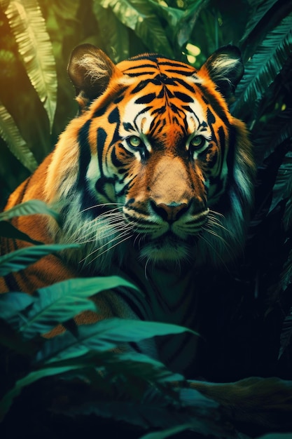 Ritratto di tigre fotografia geografica nazionale sovrapposizione di gradiente verde intenso e arancione uomo della foresta