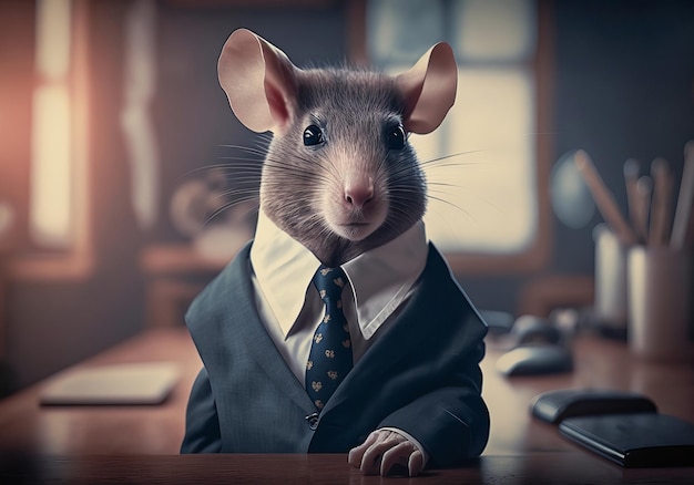 Ritratto di topo in giacca e cravatta in ufficio