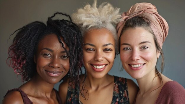 Ritratto di tre donne multietniche con dreadlocks che sorridono alla telecamera per celebrare la Giornata internazionale della donna, la diversità e l'uguaglianza di genere