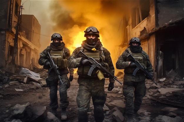 Ritratto di tre militari Un gruppo di soldati su uno sfondo di fuoco in città in rovina Operazioni di guerra forze speciali Generative AI