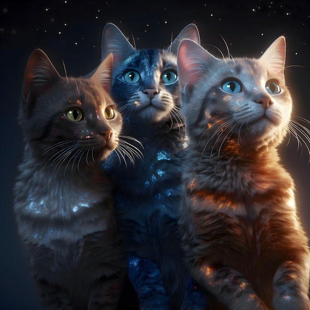 Ritratto di tre piccoli gatti di notte Adorabili animali domestici