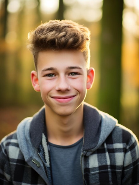 Ritratto di un adolescente belga con i capelli ondulati che sorride