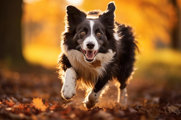 Ritratto di un adorabile cucciolo di border collie sorridente nel parco autunnale Border collie cane che corre nel prato autunnale Animali domestici che si godono l'aria aperta AI generato