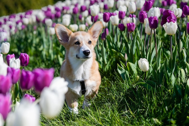 Ritratto di un adorabile cucciolo di corgi tra i tulipani in fiore nel parco