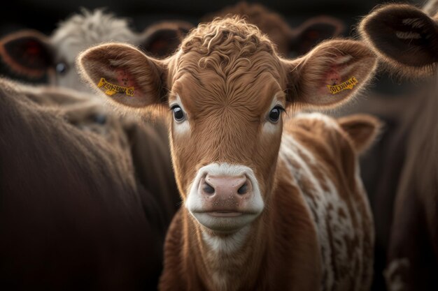 Ritratto di un adorabile cucciolo di mucca marrone al centro del gregge