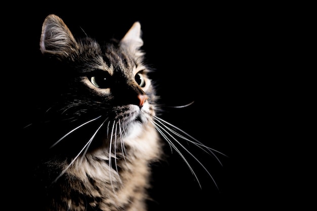 Ritratto di un adorabile gatto su uno sfondo nero isolato