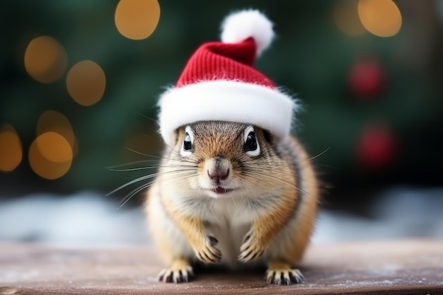 Ritratto di un adorabile scoiattolo natalizio che indossa un cappello di Babbo Natale in un paesaggio invernale