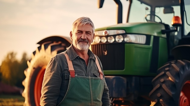 Ritratto di un agricoltore anziano in piedi davanti a un trattore Generative AI