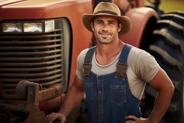 Ritratto di un agricoltore maschio sorridente e sicuro in piedi davanti al suo raccolto generativo di Ai