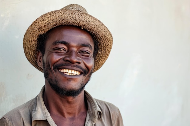 Ritratto di un allegro uomo africano che indossa un cappello di paglia su uno sfondo semplice