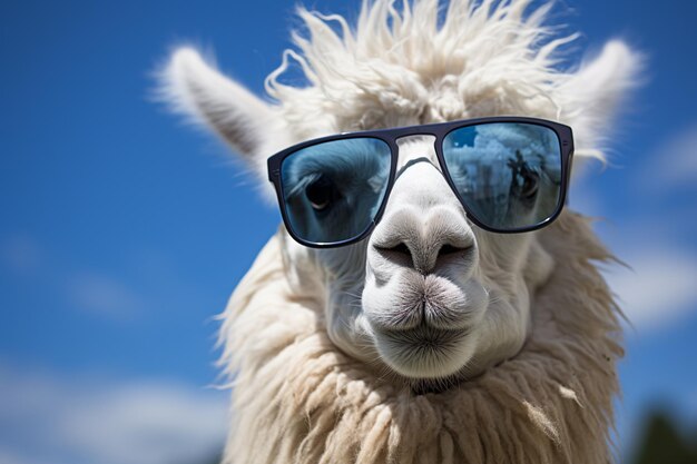Ritratto di un'alpaca bianca che indossa occhiali da sole contro il cielo blu
