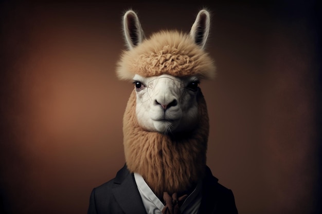 Ritratto di un alpaca vestito con un tailleur formale.