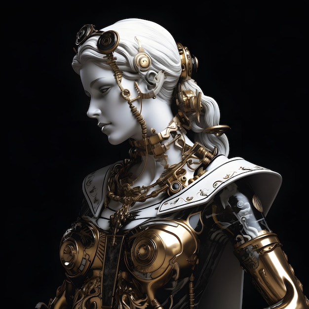 ritratto di un'antica statua di una ragazza in bianco e nero bel corpo cyborg elementi dorati