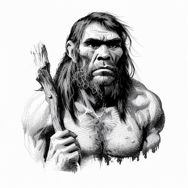 Ritratto di un antico uomo preistorico di Neanderthal, grafica in bianco e nero, stile incisione